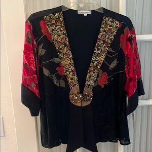Black and Red Graphic V-Neck Blouse